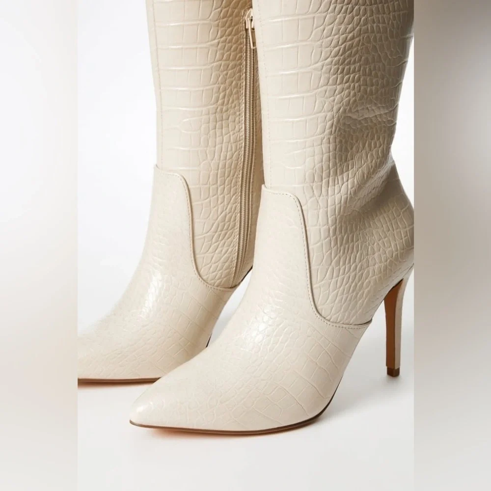 SHOEDAZZLE Women Paige Stiletto Beige Knee-High Boots Crock Embossed Size 10 New - Picture 7 of 14